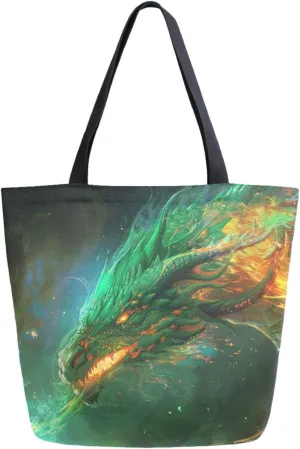Fashion Pattern Extra Large Shoulder Grocery Tote Bag, Fire Green Dragon in Fire Canvas Daily Handle Bag for Gym Weekender Beach Travel Kitchen Reusable Market Shopping