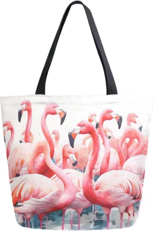 Fashion Pattern Extra Large Shoulder Grocery Tote Bag, Flamingo Flock Canvas Daily Handle Bag for Gym Weekender Beach Travel Kitchen Reusable Market Shopping, klu69763047p281c318s555