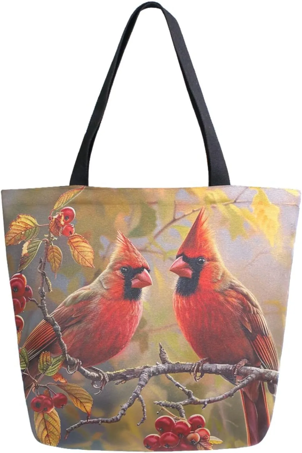 Fashion Pattern Extra Large Shoulder Grocery Tote Bag, Holly Branch Couple Cardinal Canvas Daily Handle Bag for Gym Weekender Beach Travel Kitchen Reusable Market Shopping