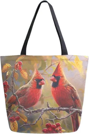 Fashion Pattern Extra Large Shoulder Grocery Tote Bag, Holly Branch Couple Cardinal Canvas Daily Handle Bag for Gym Weekender Beach Travel Kitchen Reusable Market Shopping