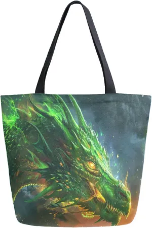Fashion Pattern Extra Large Shoulder Grocery Tote Bag, Realistic Green Fire Dragon Canvas Daily Handle Bag for Gym Weekender Beach Travel Kitchen Reusable Market Shopping