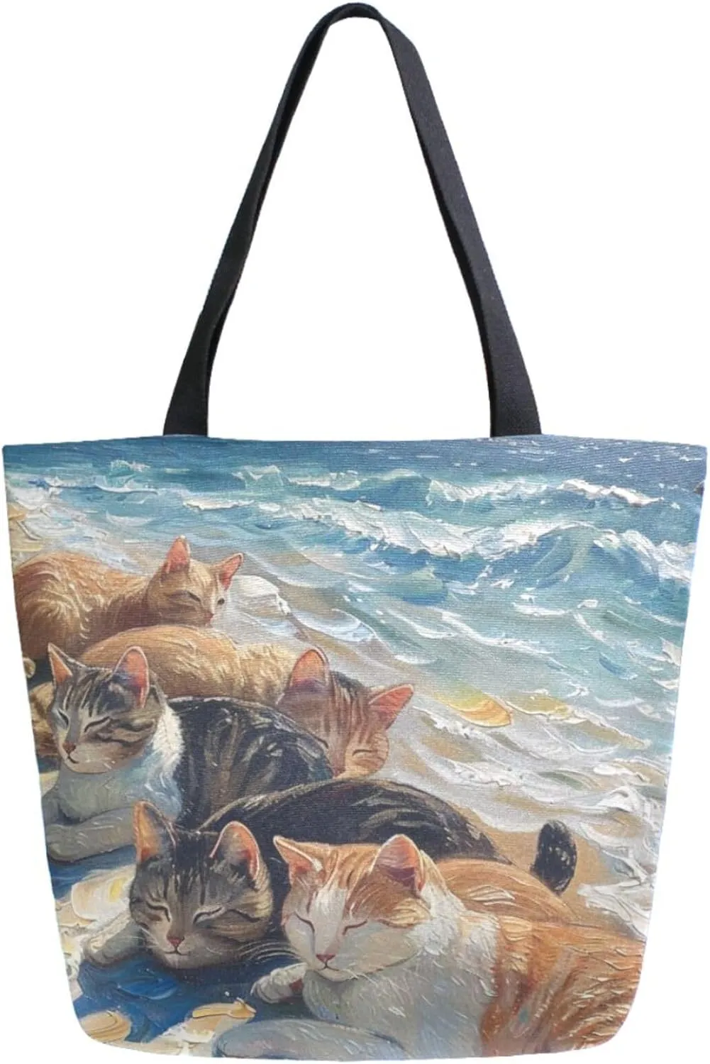 Fashion Pattern Extra Large Shoulder Grocery Tote Bag, Summer Beach Sunbath Cats Sea Canvas Daily Handle Bag for Gym Weekender Beach Travel Kitchen Reusable Market Shopping