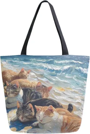 Fashion Pattern Extra Large Shoulder Grocery Tote Bag, Summer Beach Sunbath Cats Sea Canvas Daily Handle Bag for Gym Weekender Beach Travel Kitchen Reusable Market Shopping