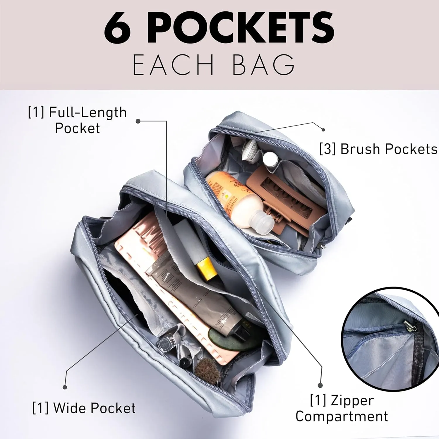 Fenrici Cosmetic Bag Set - 2 Pack: Large 9" Pouch & Small 7" Travel Toiletry Bag with 6 Compartments & Zipper Pocket, Waterproof Design, Gray, Mother's Day Gift