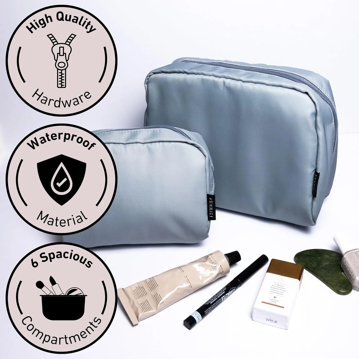 Fenrici Cosmetic Bag Set - 2 Pack: Large 9" Pouch & Small 7" Travel Toiletry Bag with 6 Compartments & Zipper Pocket, Waterproof Design, Gray, Mother's Day Gift