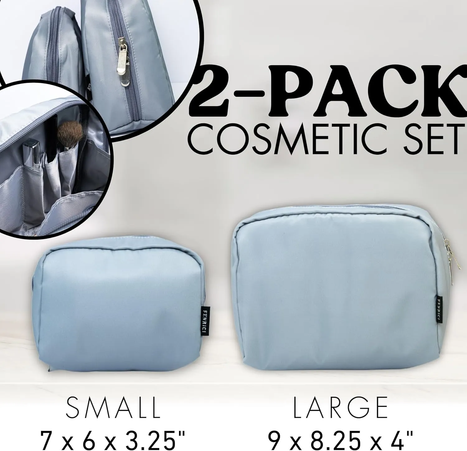 Fenrici Cosmetic Bag Set - 2 Pack: Large 9" Pouch & Small 7" Travel Toiletry Bag with 6 Compartments & Zipper Pocket, Waterproof Design, Gray, Mother's Day Gift