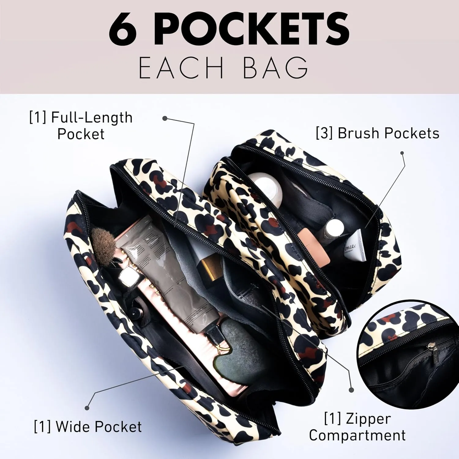 Fenrici Cosmetic Bag Set for Women - 2 Pack: Large 9" Pouch & Small 7" Travel Cosmetic Bag with 6 Compartments & Zipper Pocket, Waterproof Design, Cheetah Print, Mother's Day Gift
