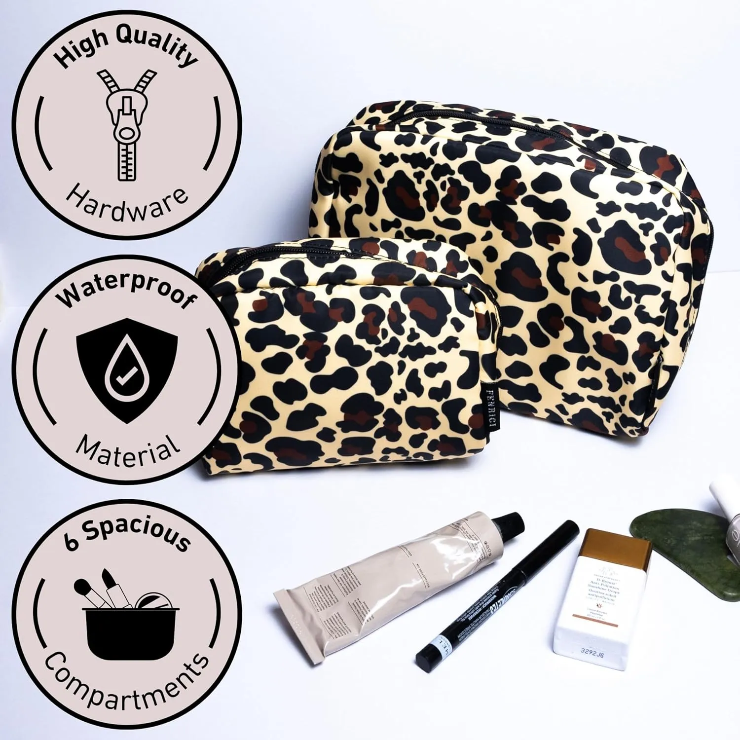Fenrici Cosmetic Bag Set for Women - 2 Pack: Large 9" Pouch & Small 7" Travel Cosmetic Bag with 6 Compartments & Zipper Pocket, Waterproof Design, Cheetah Print, Mother's Day Gift
