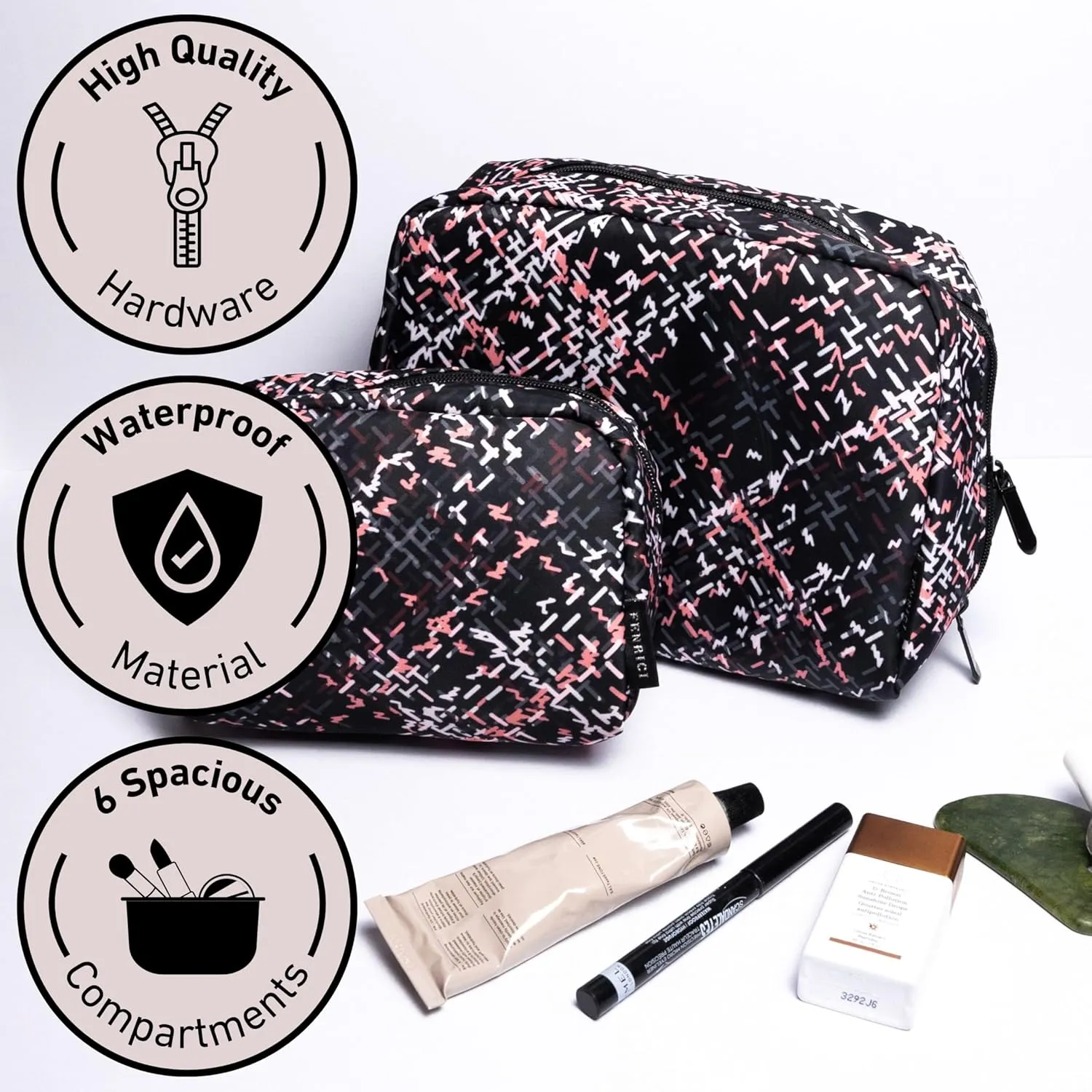 Fenrici Cosmetic Bag Set for Women - 2 Pack: Large 9" Pouch & Small 7" Travel Cosmetic Bag with 6 Compartments & Zipper Pocket, Waterproof, Herringbone with Soft Pink Undertones, Mother's Day Gift
