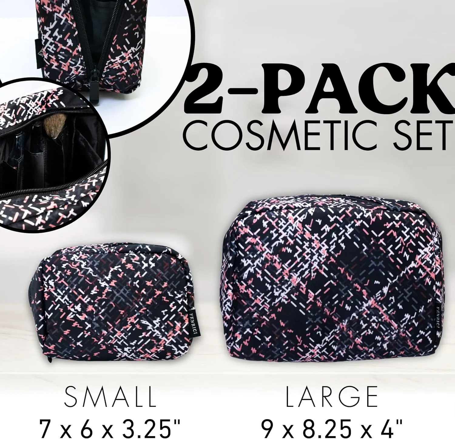 Fenrici Cosmetic Bag Set for Women - 2 Pack: Large 9" Pouch & Small 7" Travel Cosmetic Bag with 6 Compartments & Zipper Pocket, Waterproof, Herringbone with Soft Pink Undertones, Mother's Day Gift