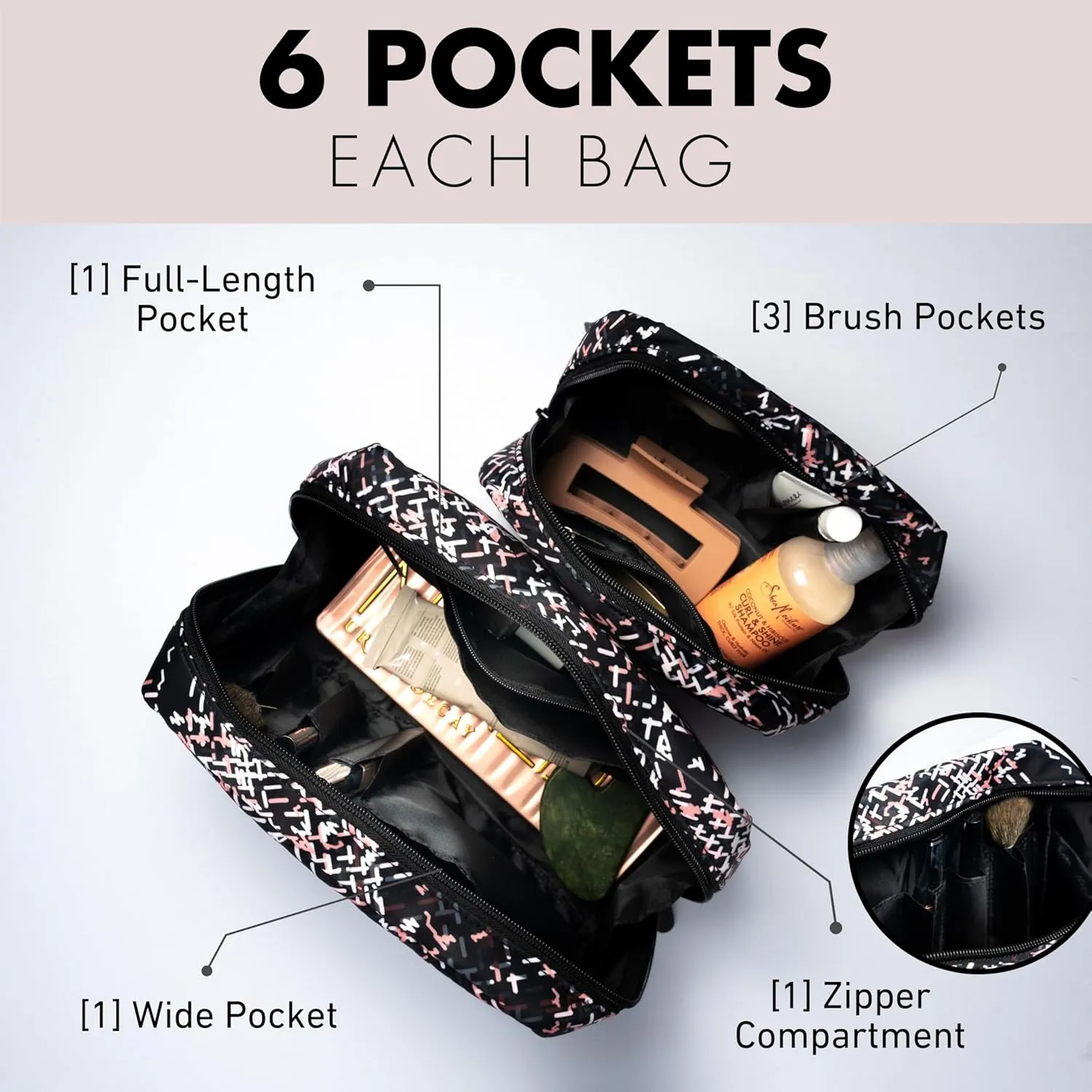 Fenrici Cosmetic Bag Set for Women - 2 Pack: Large 9" Pouch & Small 7" Travel Cosmetic Bag with 6 Compartments & Zipper Pocket, Waterproof, Herringbone with Soft Pink Undertones, Mother's Day Gift