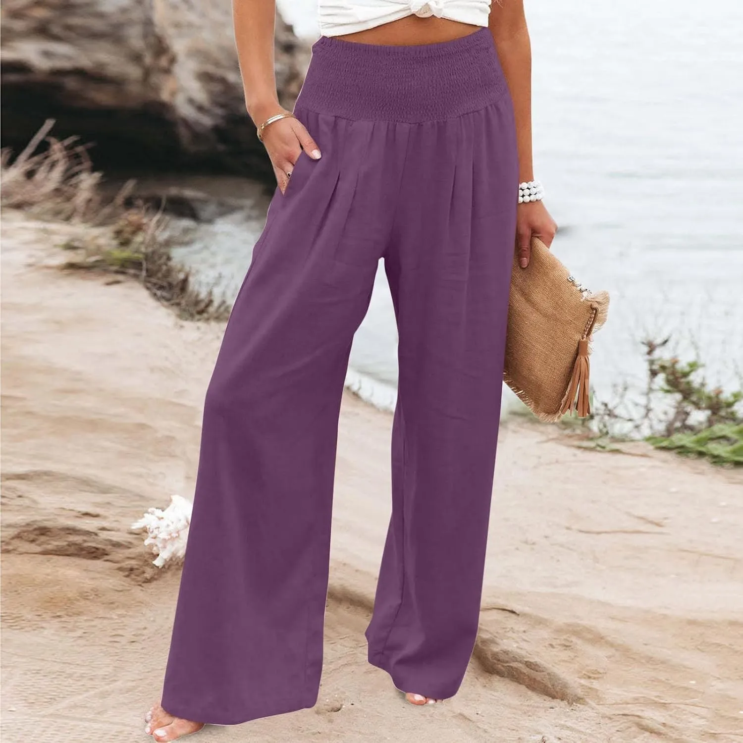 Firzero Wide Leg Trousers Women Plus Size Elastic High Waist Straight Pants 2024 Summer Casual Cotton Linen Beach Pants