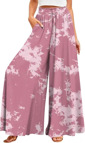 FlekmanArt Women's 2025 Summer Wide Leg Palazzo Pants High Waisted Flowy Pockets Trendy Casual Lounge Boho Beach Trouser