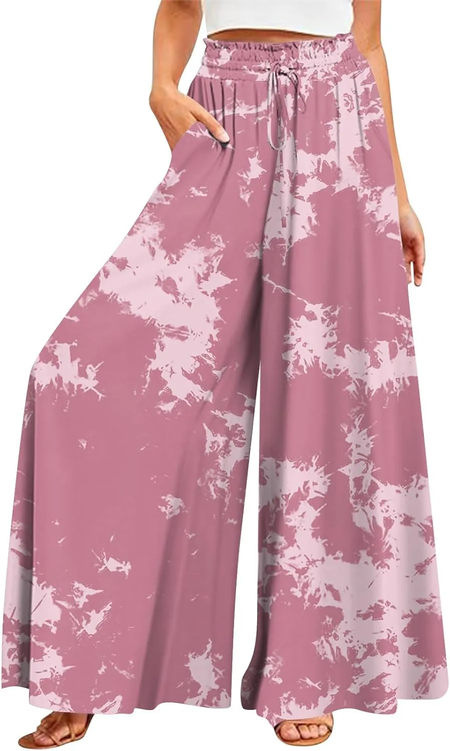 FlekmanArt Women's 2025 Summer Wide Leg Palazzo Pants High Waisted Flowy Pockets Trendy Casual Lounge Boho Beach Trouser