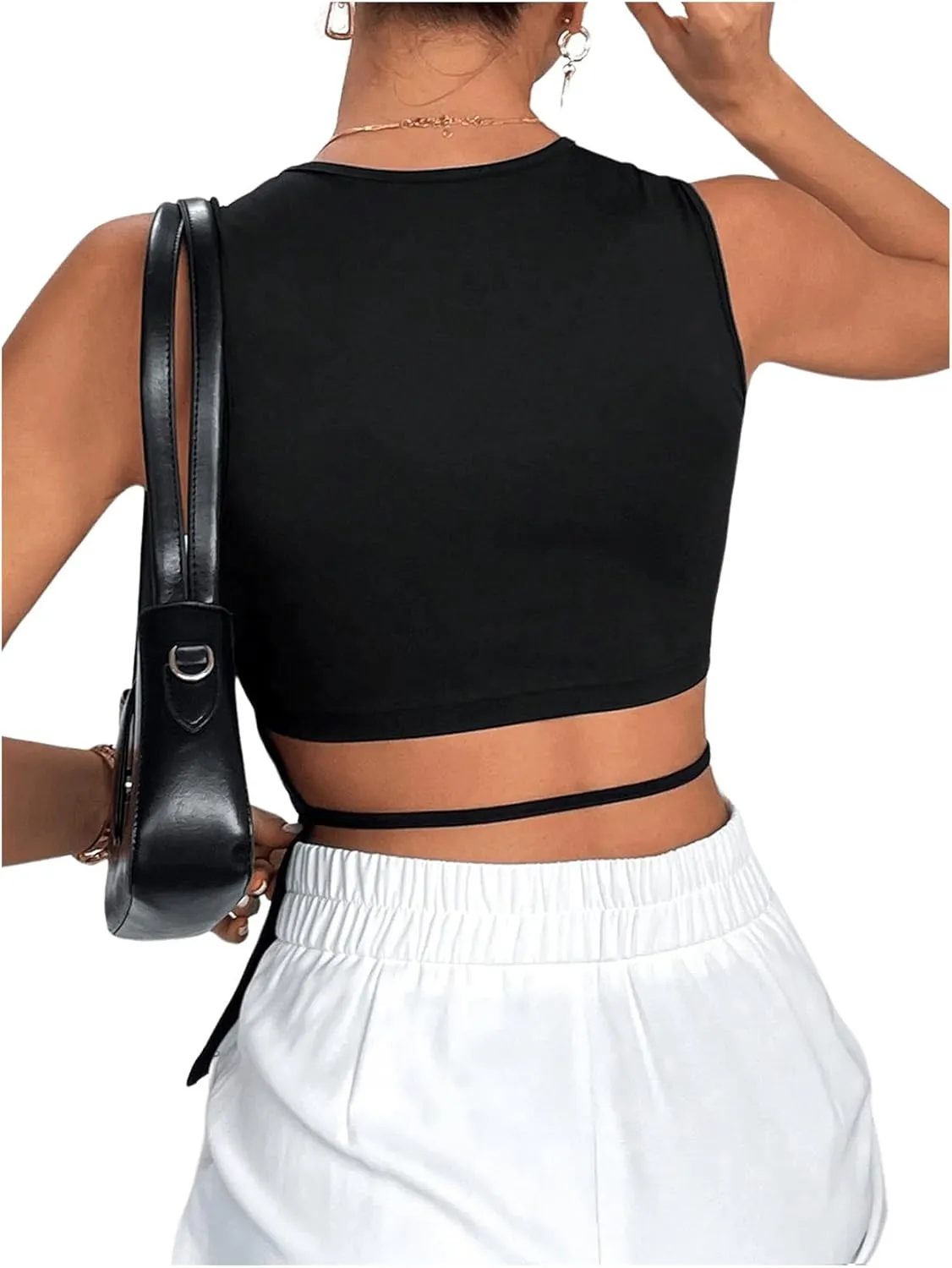 Floerns Women's Cut Out Back Camisole Sleeveless Solid Round Neck Tank Top