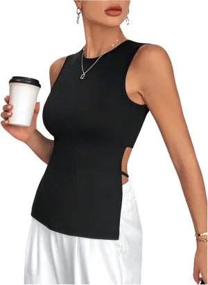 Floerns Women's Cut Out Back Camisole Sleeveless Solid Round Neck Tank Top