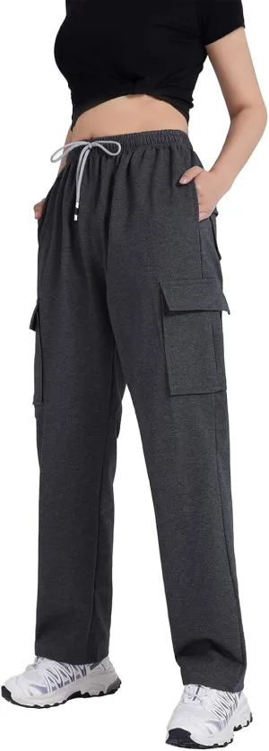 FoxQ Women's Cargo Sweatpants Athletic Wide Leg High-Waisted Baggy Trousers for Casual Wear & Jogging Workout Yoga