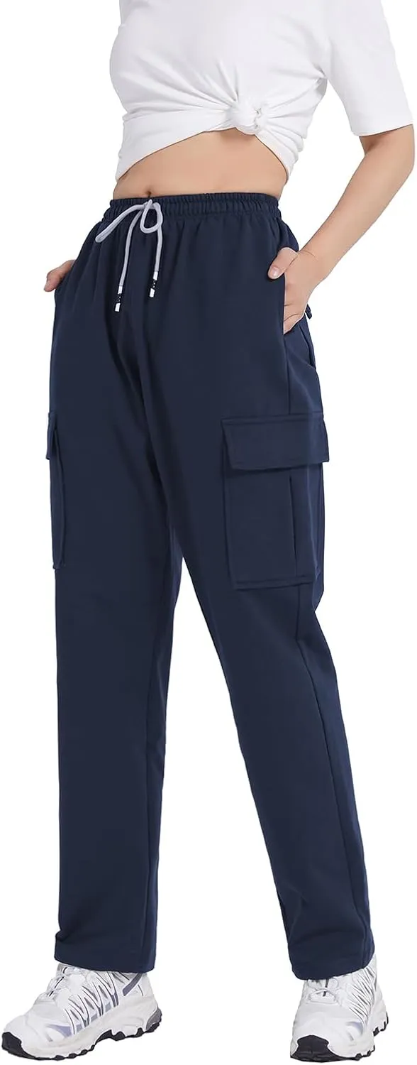 FoxQ Women's Cargo Sweatpants Athletic Wide Leg High-Waisted Baggy Trousers for Casual Wear & Jogging Workout Yoga