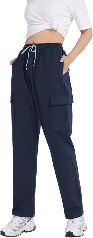 FoxQ Women's Cargo Sweatpants Athletic Wide Leg High-Waisted Baggy Trousers for Casual Wear & Jogging Workout Yoga