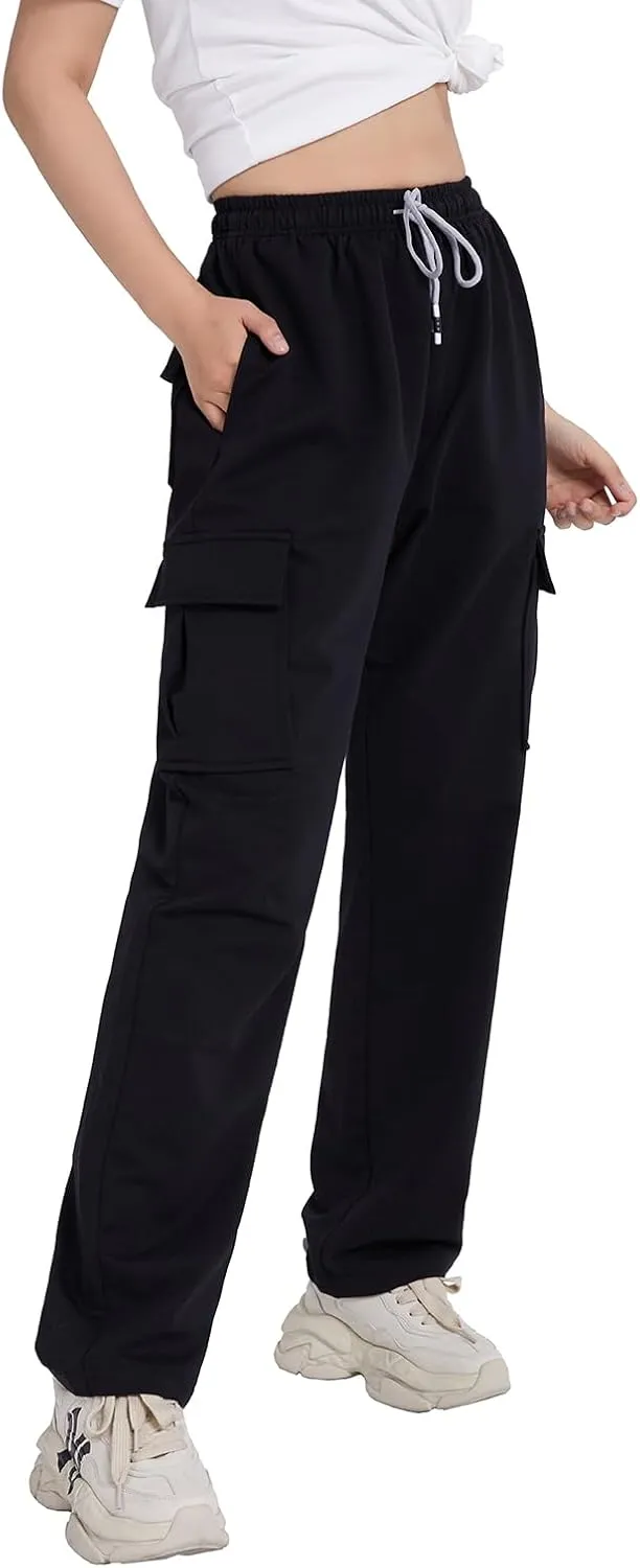 FoxQ Women's Cargo Sweatpants Athletic Wide Leg High-Waisted Baggy Trousers for Casual Wear & Jogging Workout Yoga