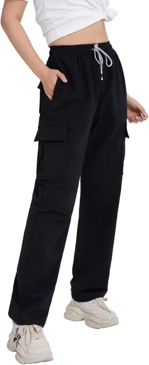 FoxQ Women's Cargo Sweatpants Athletic Wide Leg High-Waisted Baggy Trousers for Casual Wear & Jogging Workout Yoga