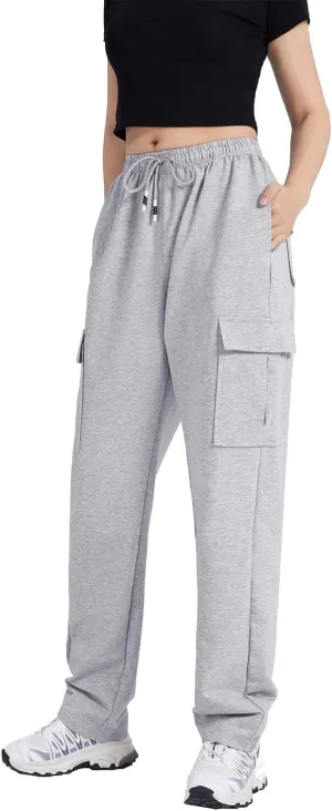 FoxQ Women's Cargo Sweatpants Athletic Wide Leg High-Waisted Baggy Trousers for Casual Wear & Jogging Workout Yoga