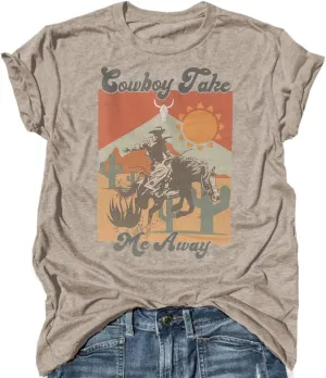 Funny Western Shirts for Women Cowboy Take Me Away Vintage Graphic Country T Shirt Teen Girls Summer Retro Tees Tops