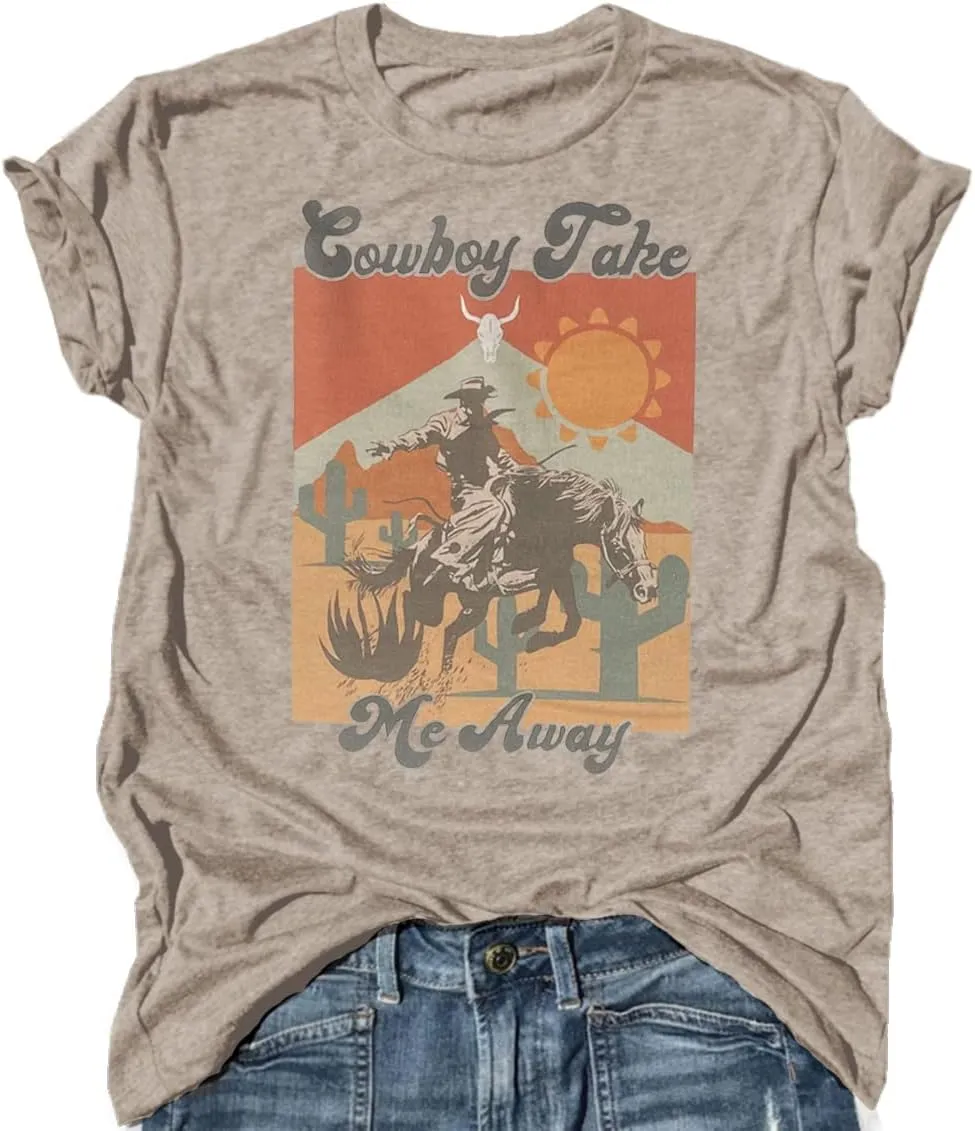 Funny Western Shirts for Women Cowboy Take Me Away Vintage Graphic Country T Shirt Teen Girls Summer Retro Tees Tops