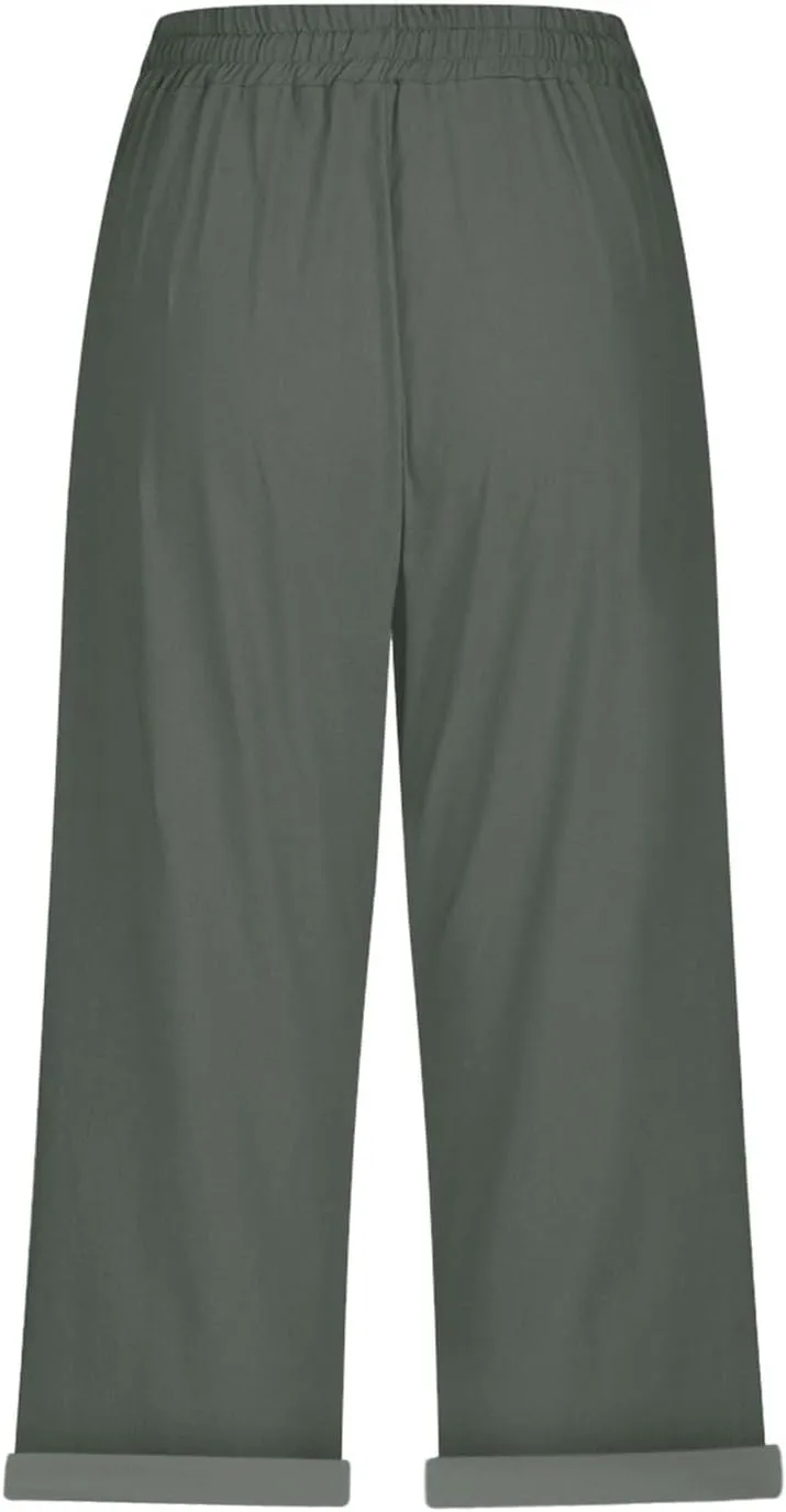 Gauze Beach Pants for Women Cotton Linen Elastic Seven Pants Beach Casual Pants Linen Loose Fit Drawstring Trousers