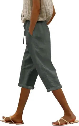 Gauze Beach Pants for Women Cotton Linen Elastic Seven Pants Beach Casual Pants Linen Loose Fit Drawstring Trousers