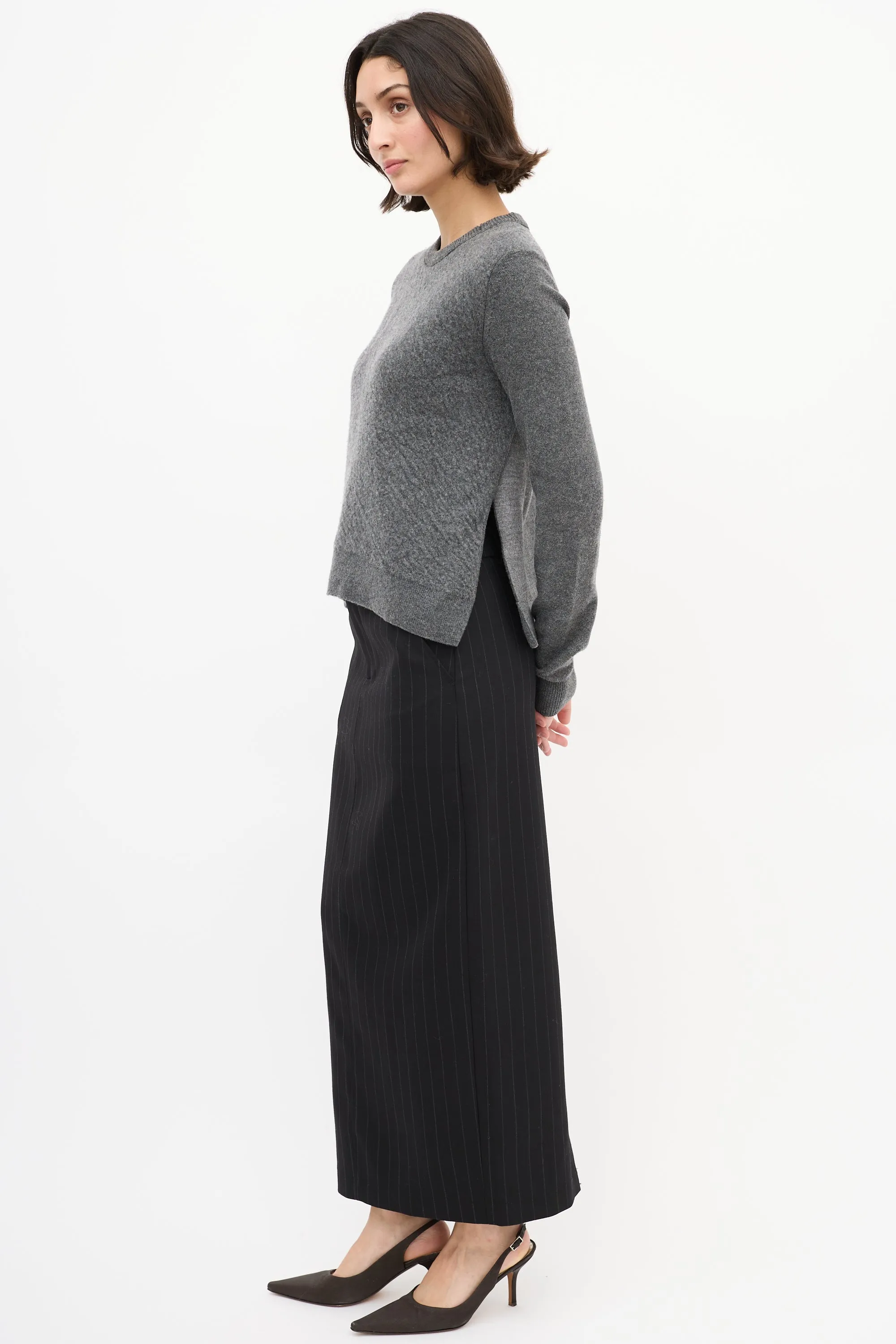 Grey Wool Side Vent Panelled Sweater
