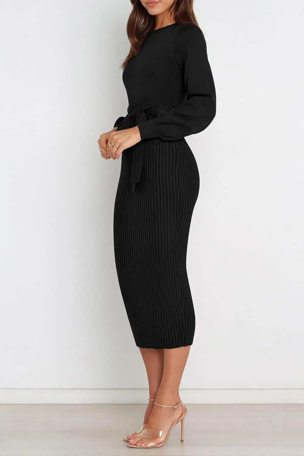 HAEOF Womens 2025 Fall Sweater Dress Ribbed Knit Crewneck Trendy Long Puff Sleeve Winter Bodycon Midi Dresses