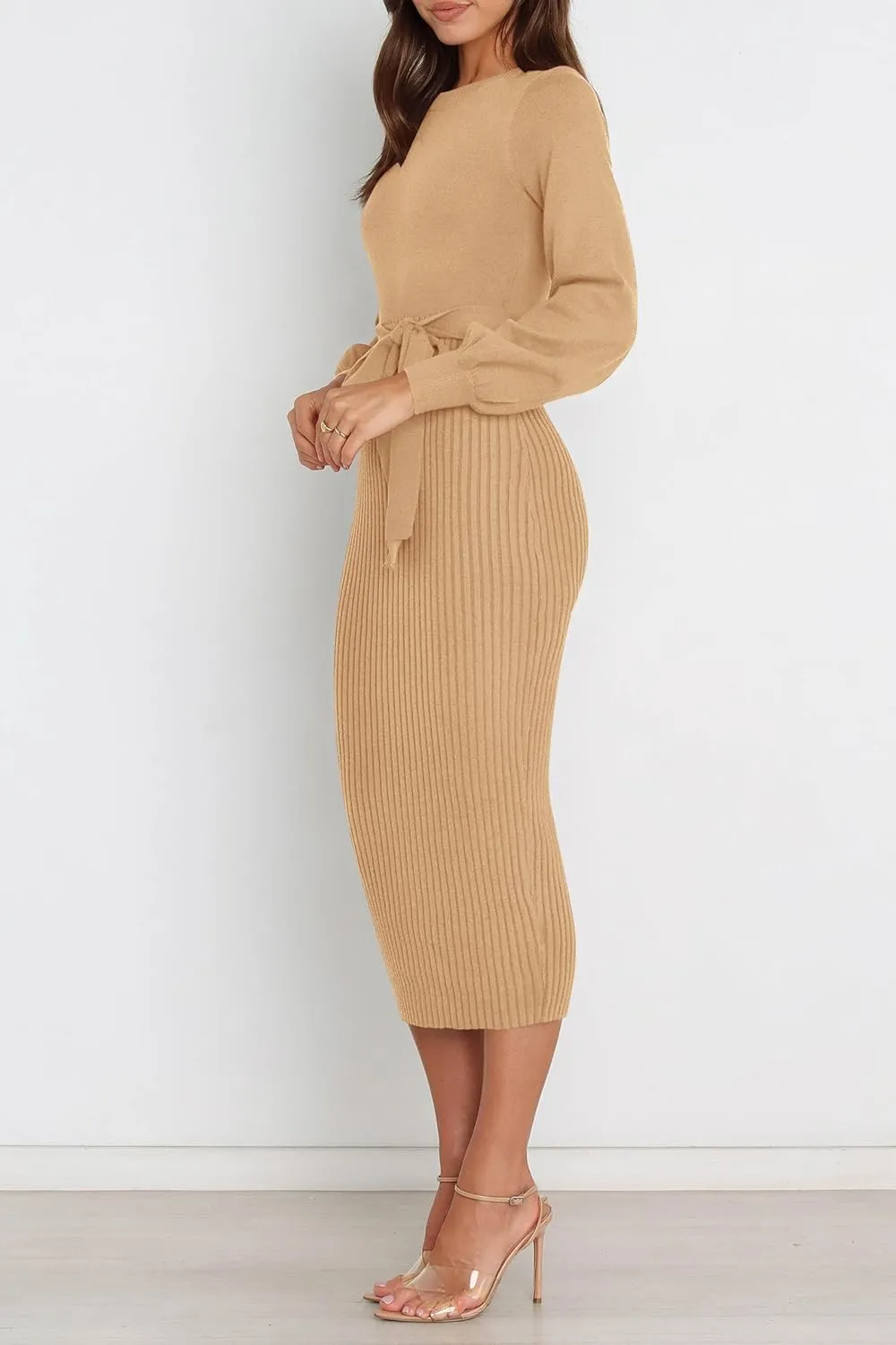 HAEOF Womens 2025 Fall Sweater Dress Ribbed Knit Crewneck Trendy Long Puff Sleeve Winter Bodycon Midi Dresses