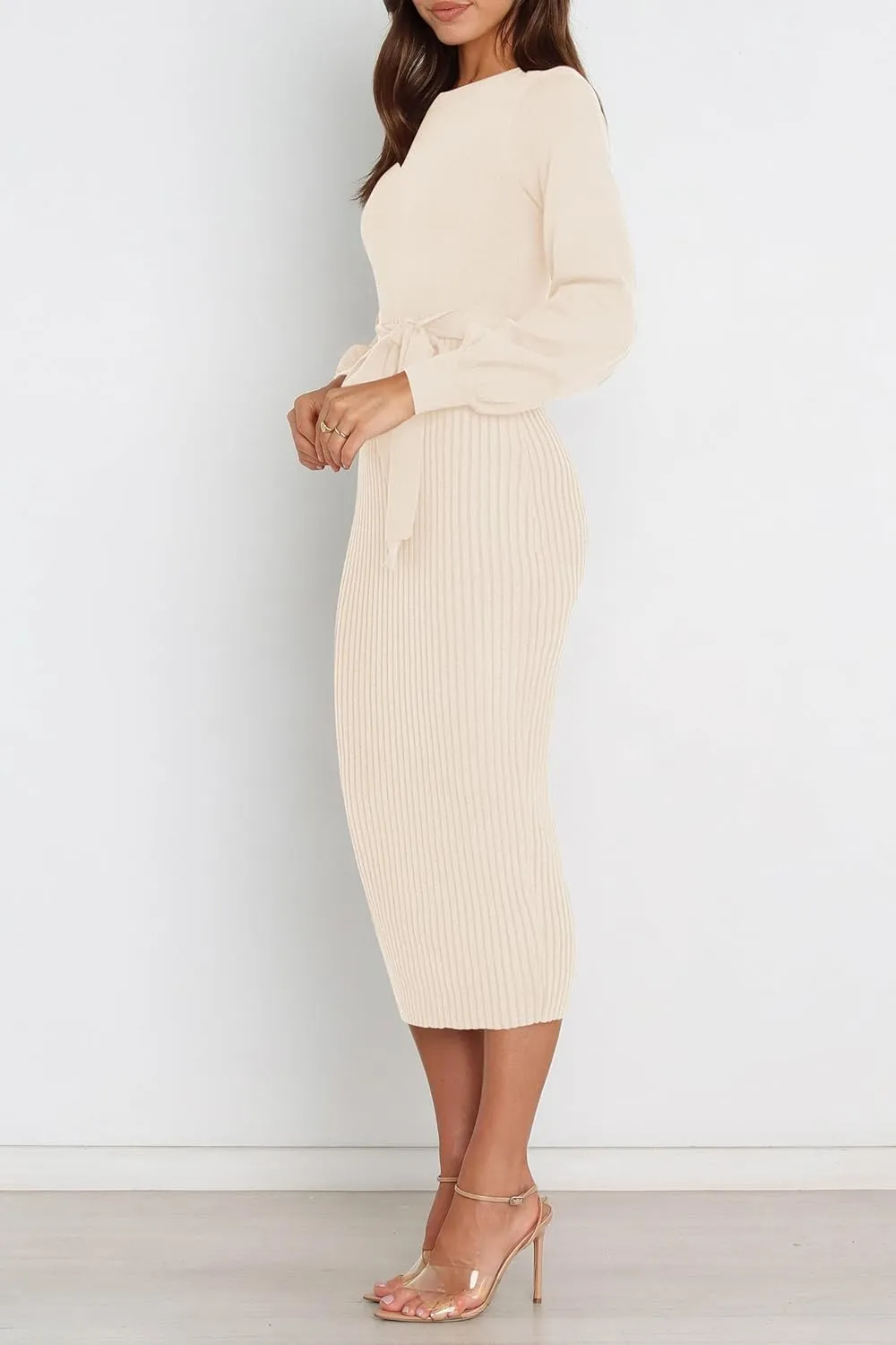 HAEOF Womens 2025 Fall Sweater Dress Ribbed Knit Crewneck Trendy Long Puff Sleeve Winter Bodycon Midi Dresses