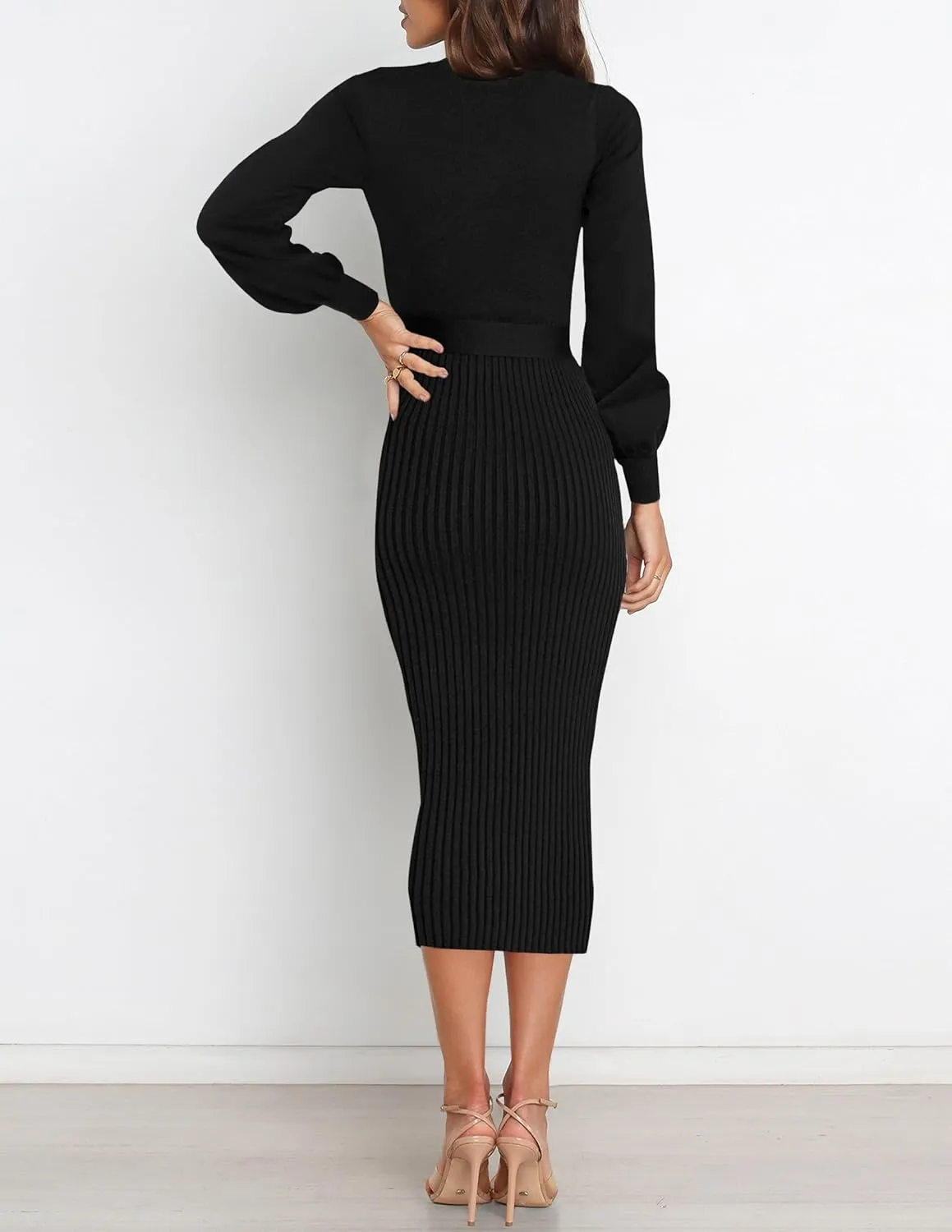 HAEOF Womens 2025 Fall Sweater Dress Ribbed Knit Crewneck Trendy Long Puff Sleeve Winter Bodycon Midi Dresses