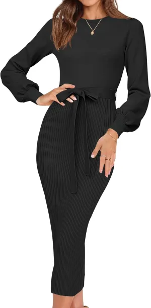 HAEOF Womens 2025 Fall Sweater Dress Ribbed Knit Crewneck Trendy Long Puff Sleeve Winter Bodycon Midi Dresses