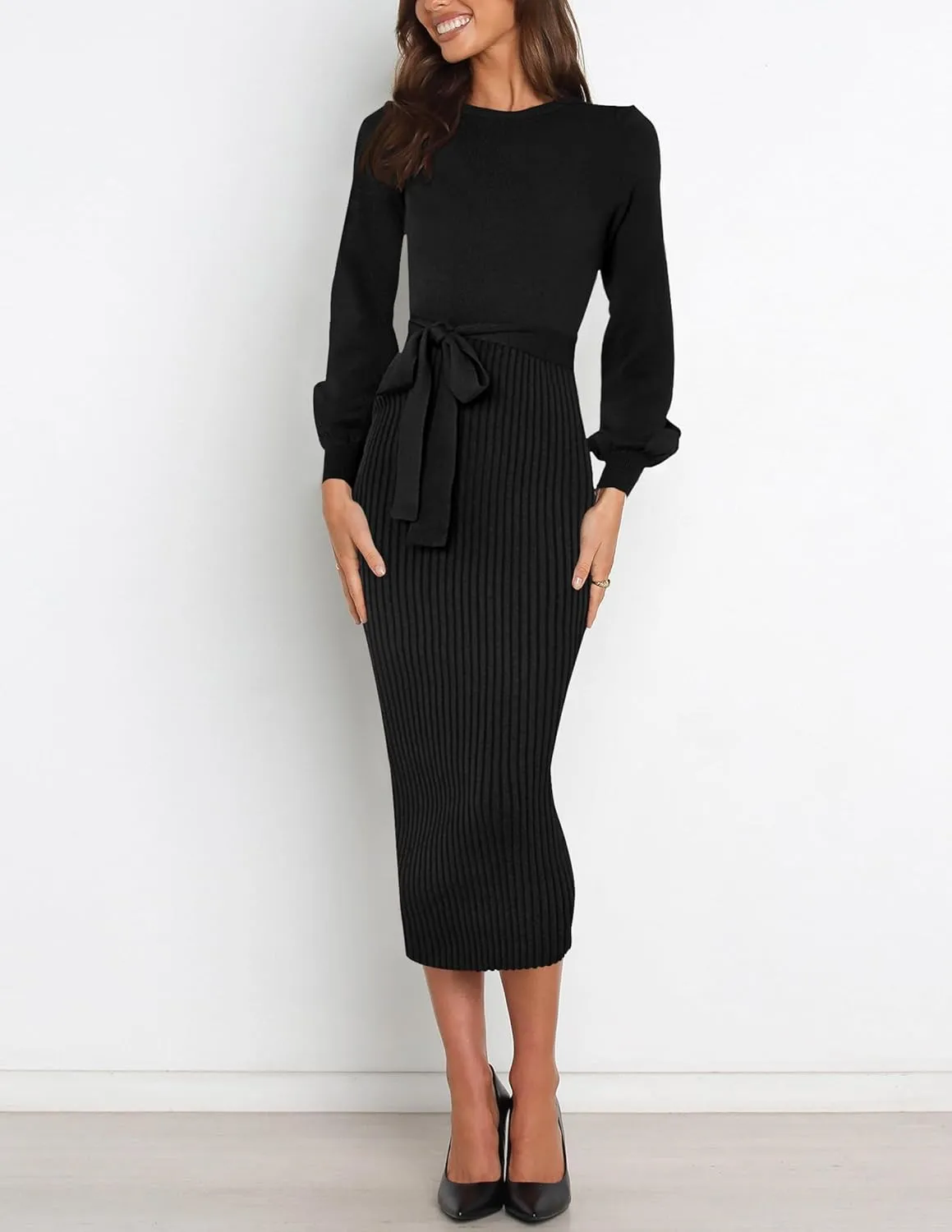 HAEOF Womens 2025 Fall Sweater Dress Ribbed Knit Crewneck Trendy Long Puff Sleeve Winter Bodycon Midi Dresses