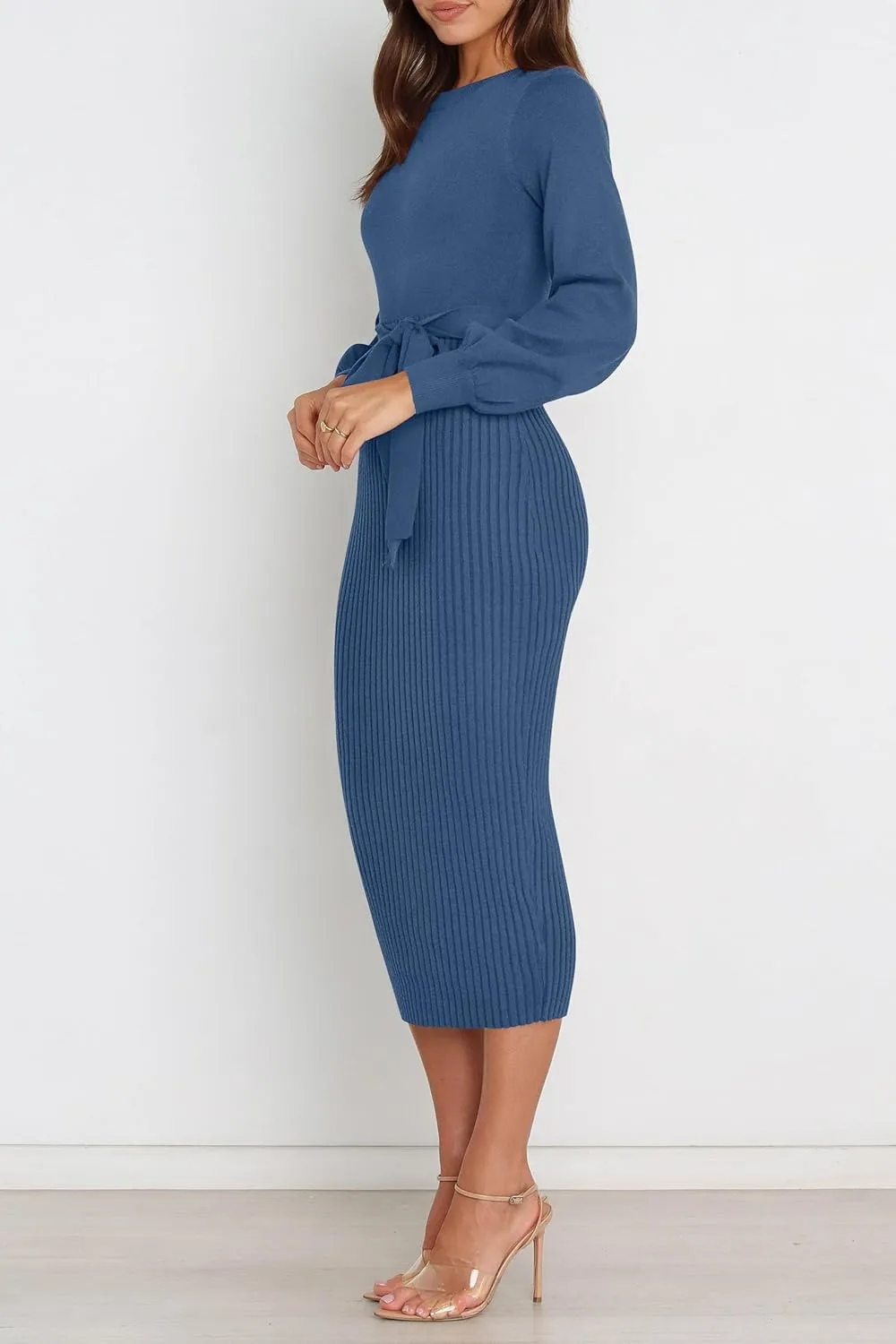 HAEOF Womens 2025 Fall Sweater Dress Ribbed Knit Crewneck Trendy Long Puff Sleeve Winter Bodycon Midi Dresses