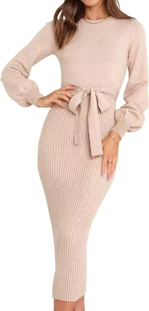 HAEOF Womens 2025 Fall Sweater Dress Ribbed Knit Crewneck Trendy Long Puff Sleeve Winter Bodycon Midi Dresses