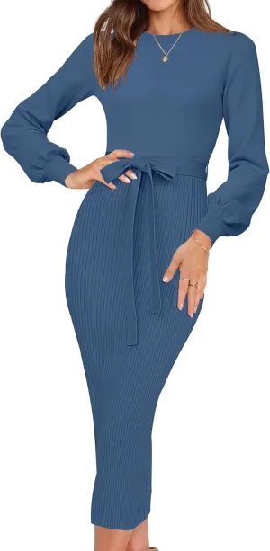 HAEOF Womens 2025 Fall Sweater Dress Ribbed Knit Crewneck Trendy Long Puff Sleeve Winter Bodycon Midi Dresses