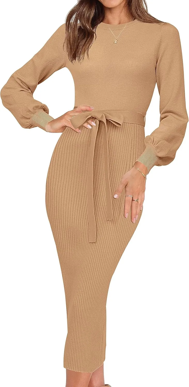 HAEOF Womens 2025 Fall Sweater Dress Ribbed Knit Crewneck Trendy Long Puff Sleeve Winter Bodycon Midi Dresses