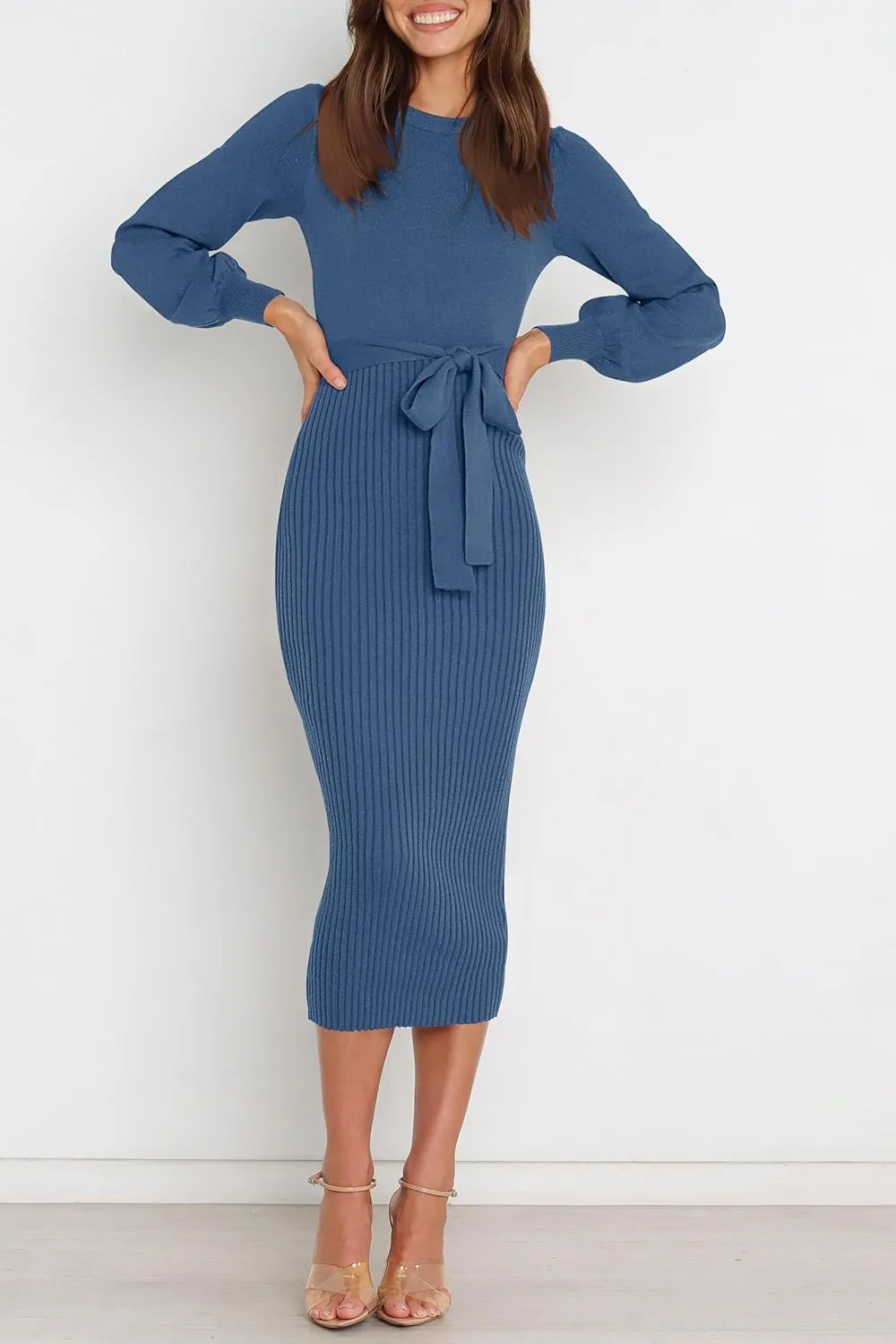 HAEOF Womens 2025 Fall Sweater Dress Ribbed Knit Crewneck Trendy Long Puff Sleeve Winter Bodycon Midi Dresses