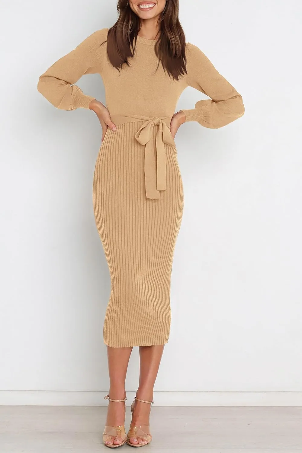 HAEOF Womens 2025 Fall Sweater Dress Ribbed Knit Crewneck Trendy Long Puff Sleeve Winter Bodycon Midi Dresses