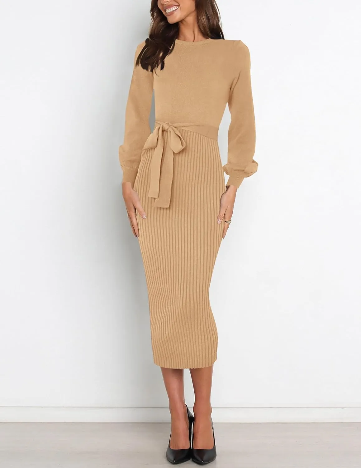 HAEOF Womens 2025 Fall Sweater Dress Ribbed Knit Crewneck Trendy Long Puff Sleeve Winter Bodycon Midi Dresses