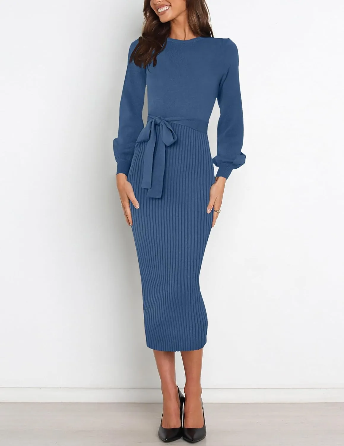HAEOF Womens 2025 Fall Sweater Dress Ribbed Knit Crewneck Trendy Long Puff Sleeve Winter Bodycon Midi Dresses