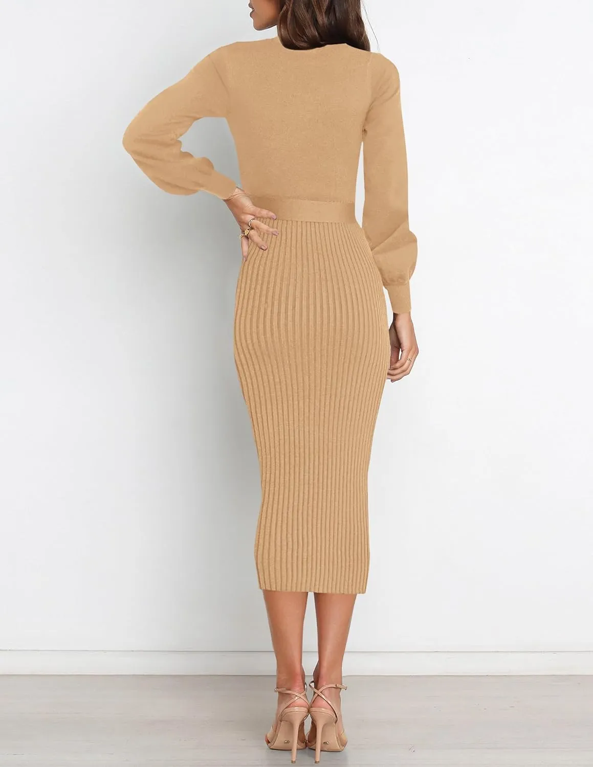 HAEOF Womens 2025 Fall Sweater Dress Ribbed Knit Crewneck Trendy Long Puff Sleeve Winter Bodycon Midi Dresses