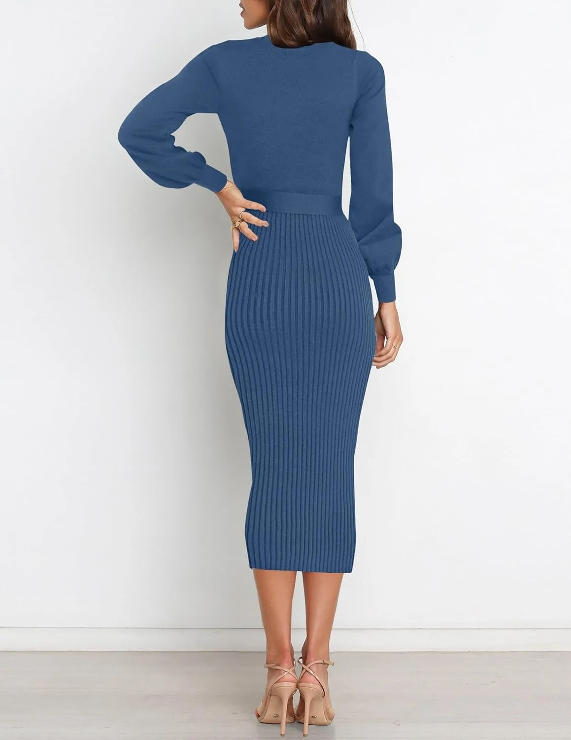 HAEOF Womens 2025 Fall Sweater Dress Ribbed Knit Crewneck Trendy Long Puff Sleeve Winter Bodycon Midi Dresses