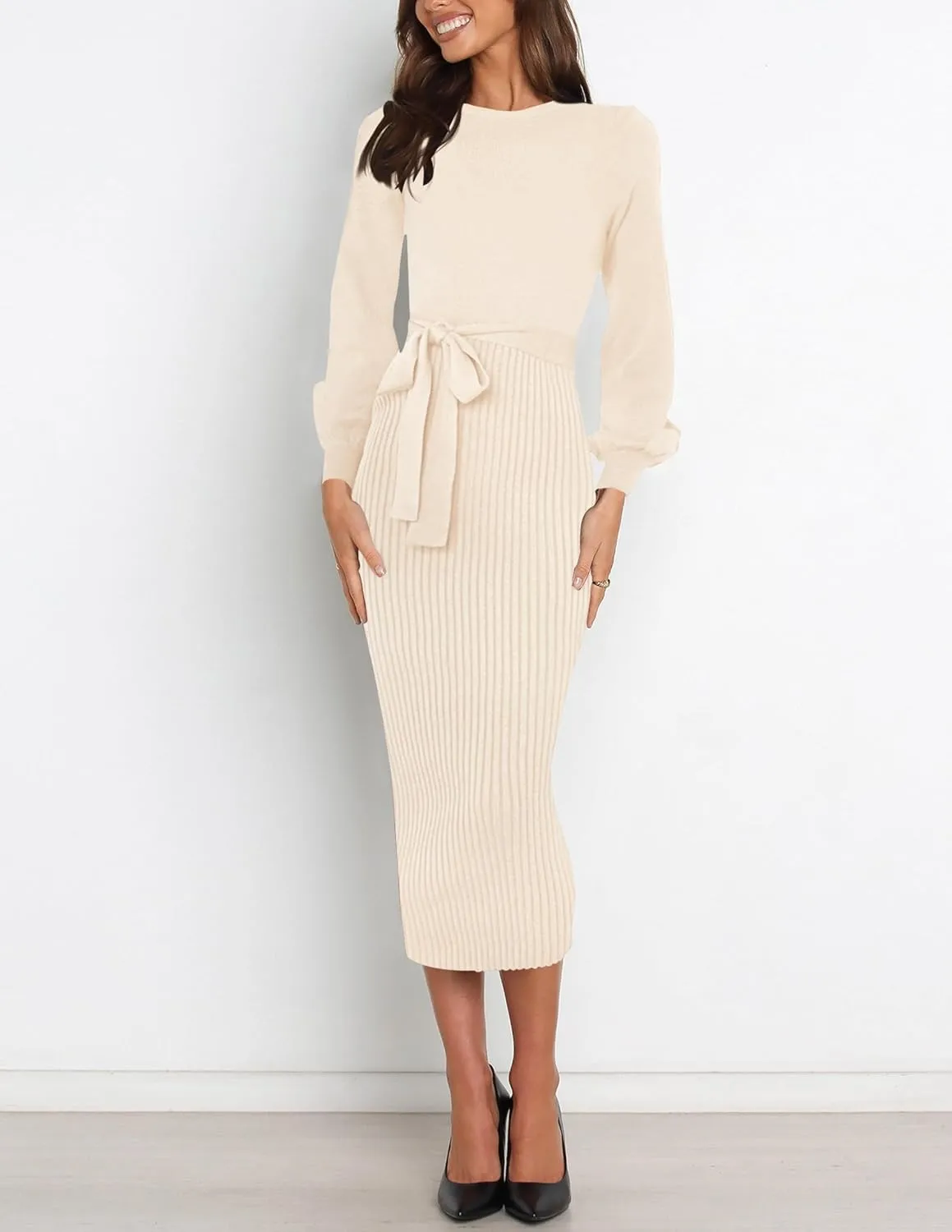HAEOF Womens 2025 Fall Sweater Dress Ribbed Knit Crewneck Trendy Long Puff Sleeve Winter Bodycon Midi Dresses