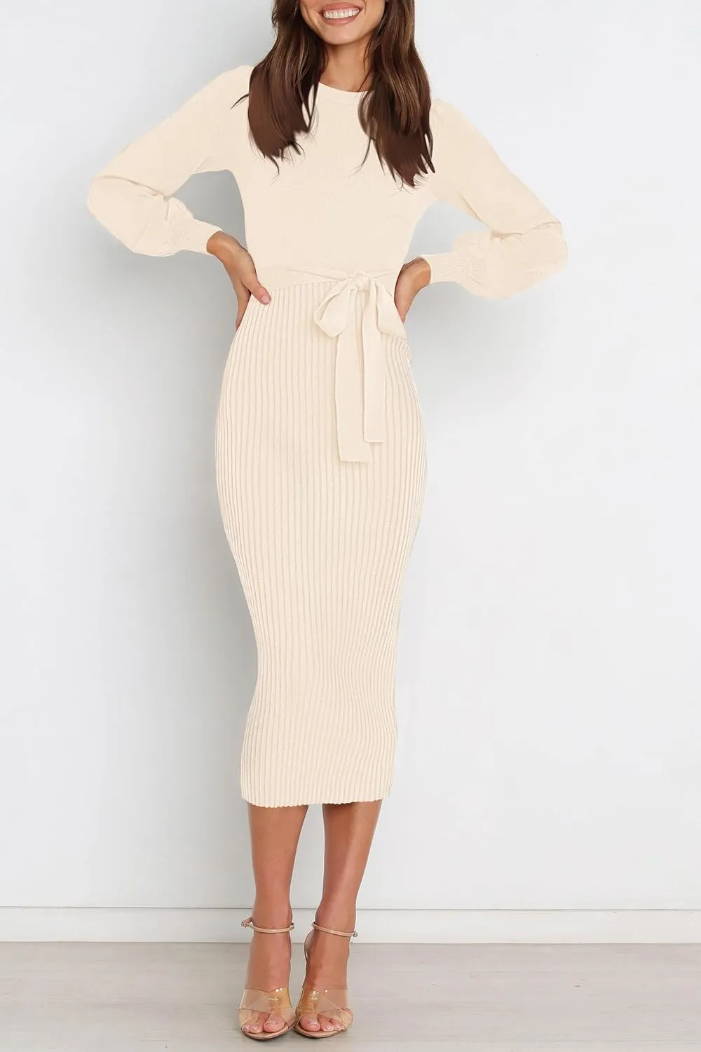 HAEOF Womens 2025 Fall Sweater Dress Ribbed Knit Crewneck Trendy Long Puff Sleeve Winter Bodycon Midi Dresses