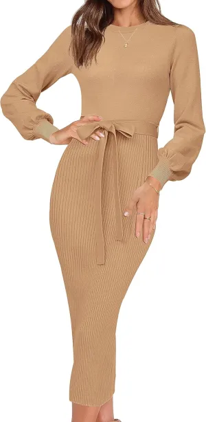 HAEOF Womens 2025 Fall Sweater Dress Ribbed Knit Crewneck Trendy Long Puff Sleeve Winter Bodycon Midi Dresses